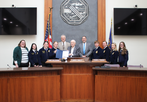 Erie County Legislator John Mills is joined by colleagues Legislator Jim Malczewski and Legislator Frank Todaro in honoring the FFA Chapter at Springville Griffith Institute