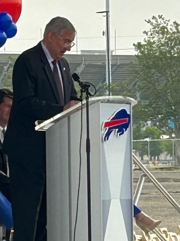 Bills owner Terry Pegula addresses the attendees at groundbreaking ceremonies for new Bills stadium