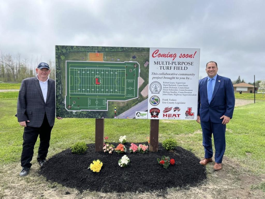 Legislator Frank Todaro and Lancaster Town Supervisor Robert Leary at the site of Lancaster's new multi-purpose turf field.