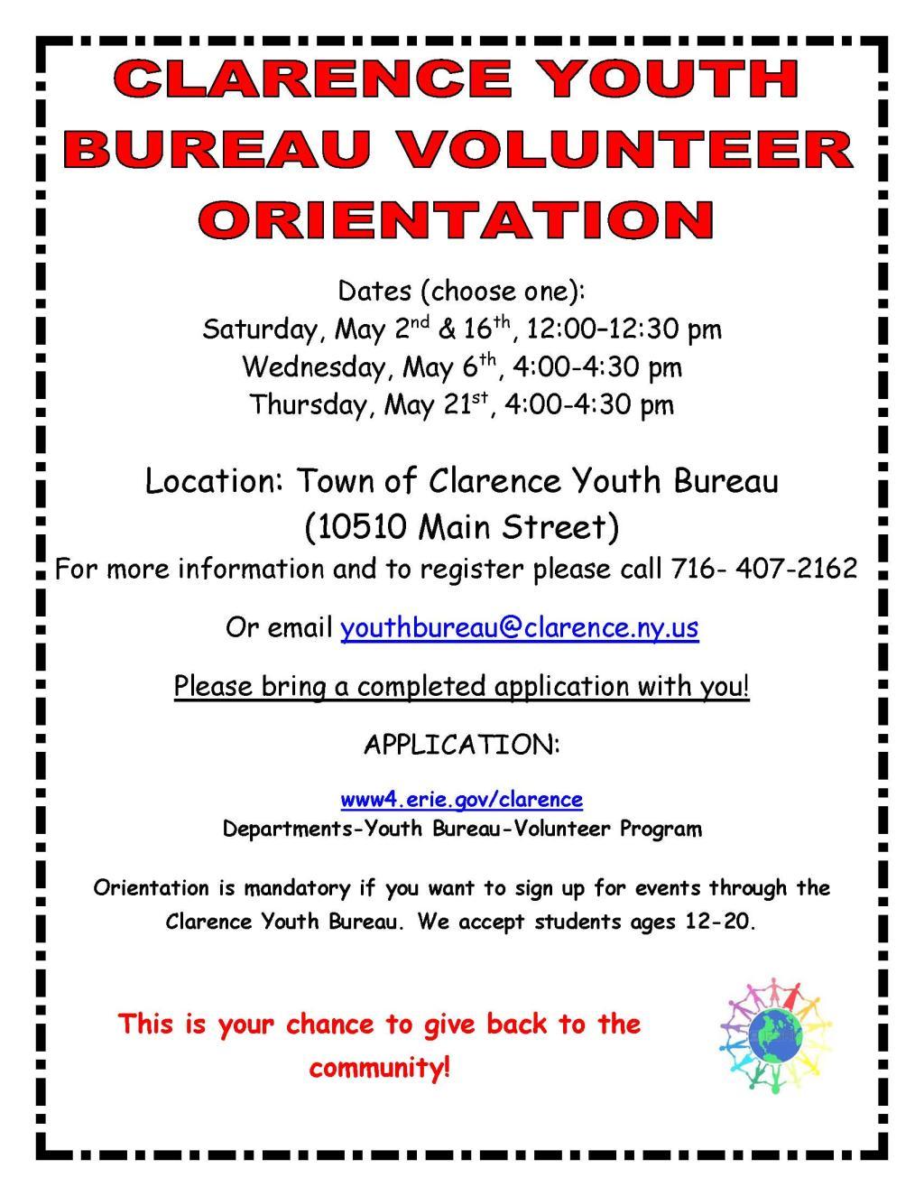 Youth Bureau Volunteer Orientation Dates, Times and Instructions