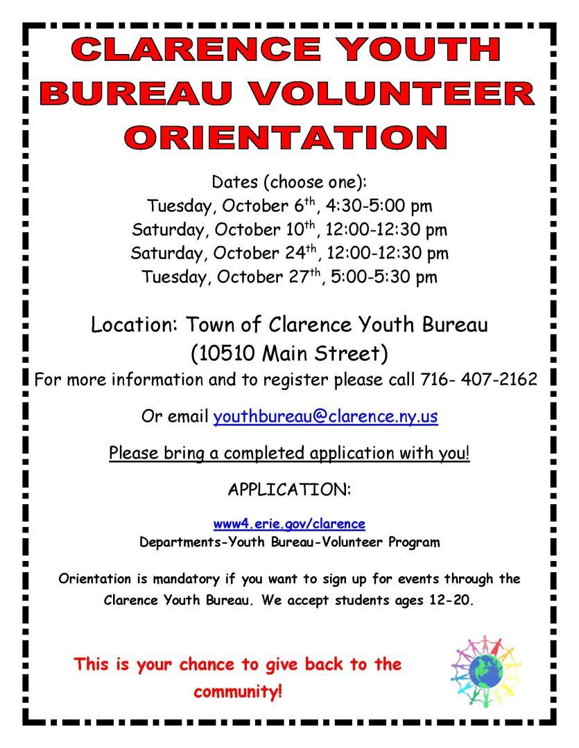 Clarence Youth Bureau Volunteer Orientation Details