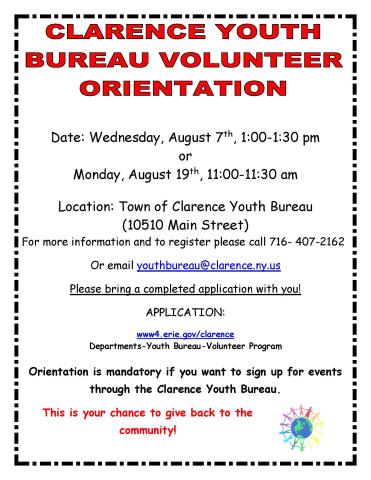 Youth Orientation Volunteer August 7 and 19