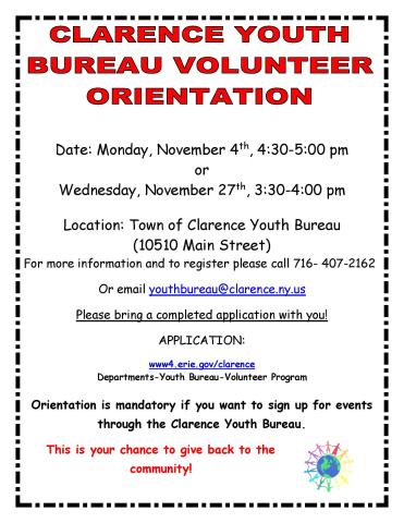 Youth Bureau Orientation Nov 4 and 27, 2024