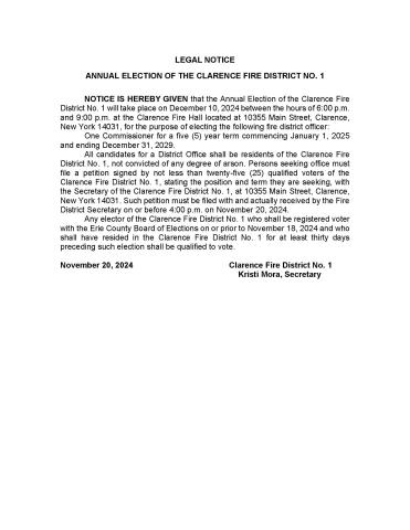 Legal Notice Annual Election Clarence Fire District #1 2024