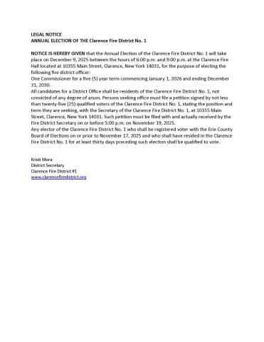 Legal Notice Annual Election Clarence Fire District #1 2025