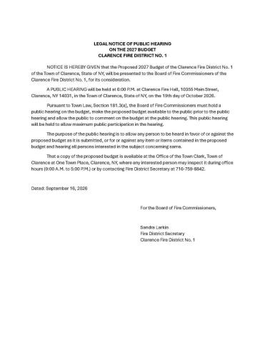 Clarence Fire District No 1 Public Hearing Notice 2027
