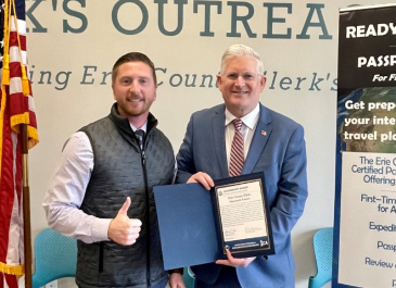 Erie County Clerk Kearns and the "Clerk On the Go" team is presented with the U.S. Department of State's Leadership Award, by the Buffalo Passport Agency, for the record number of U.S. Passport applications accepted for first-time applicants.