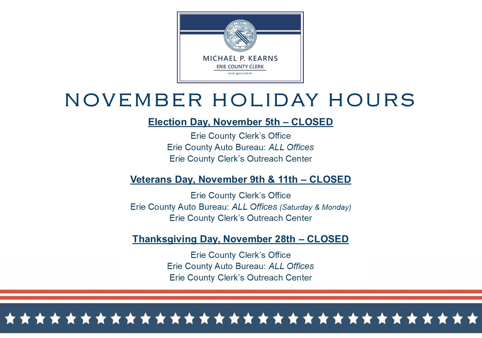 Closed for Election Day, Veterans Day & Thanksgiving