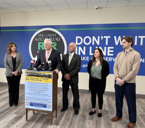 Major DMV Technology Upgrade Statewide Means Temporary Closures in Erie & Niagara County Auto Bureaus. In photo, left to right: Madonna Bishop, Auto Bureau Deputy Clerk- Erie County, Hon. Michael P. Kearns, Erie County Clerk,  Hon. Joseph A. Jastrzemski, Niagara County Clerk, Ashlee Pappas, Auto Bureau Deputy Clerk- Niagara County, Matthew Parish, First Deputy Clerk- Niagara County.
