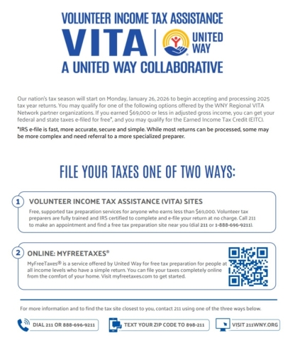 Tax season is now in full swing. If you think you may qualify, I strongly encourage you to act now. Have your taxes prepared for free through the IRS’s VITA or Tax Counseling for the Elderly (TCE) programs before the electronic filing deadline of April 15, 2026.