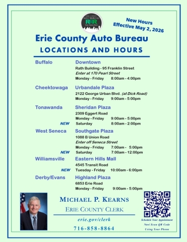 For a full list of Auto Bureau locations, updated hours, or to schedule an appointment 24/7, visit erie.gov/clerk or call (716) 858-8864, Monday through Friday from 9:00 AM to 5:00 PM.