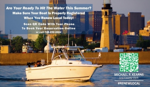 To register a boat, residents must complete the required application and provide proof of identity, date of birth, and ownership. To schedule an in-person appointment you can visit erie.gov/clerk or call the Clerk’s Outreach Center at 716-858-8864.