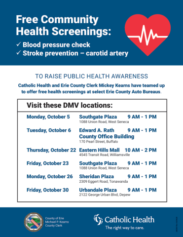 Up to 50% of strokes occur without warning—but many risk factors can be detected early‼️  This October, Mercy Hospital & our Erie County Auto Bureau will offer FREE blood pressure & carotid screenings at DMV locations.  