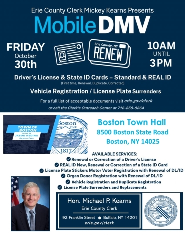 Hosted by Boston Town Supervisor Jason Keding, the Mobile Auto Bureau will be stationed at Boston Town Hall, located at 8500 Boston State Road. Residents can complete DMV transactions close to home without traveling to a traditional Auto Bureau location. No appointment is required; service will be provided on a first-come, first-served basis.