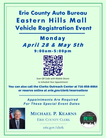 The Eastern Hills Mall Branch will be open on select Mondays—April 28 and May 5—from 9:00 am to 5:00 pm specifically for vehicle registrations, renewals and license plate surrenders.