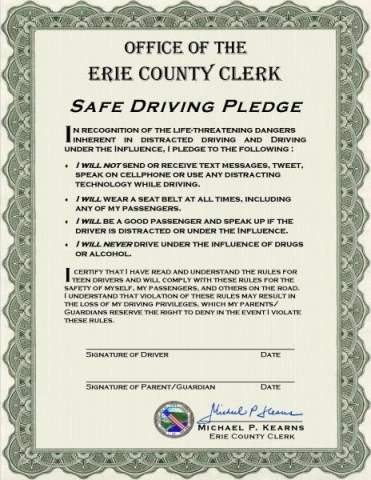 Take the Erie County Clerk’s Safe Driving Pledge to help avoid distractions and ensure that everyone gets home safely.