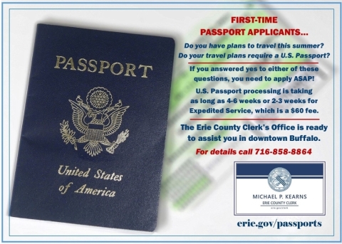 The Erie County Clerk’s Office is marking National Passport Awareness Month with excitement.  Passport applications, a list of all required documents, and detailed breakdown of the new fee schedule are available by visiting erie.gov/passports or by contacting the Erie County Clerk’s Outreach Center at (716) 858-8864.