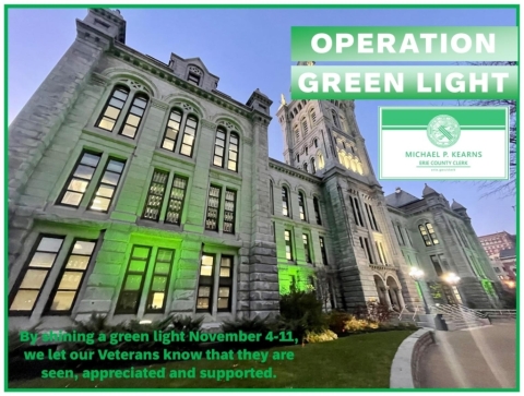 In advance of the upcoming Veterans Day holiday, Erie County Clerk Michael P. Kearns announced that Old County Hall will be illuminated green from November 4th through November 11th as part of Operation Green Light for Veterans, a nationwide initiative to honor and support military veterans.