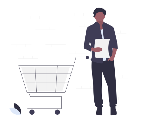 person holding a list next to an empty shopping cart