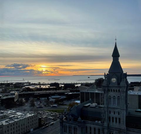 Picture of City Hall in downtown Buffalo at sunset. 